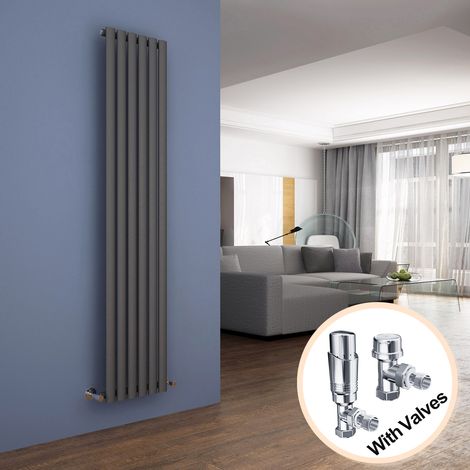 ELEGANT Vertical Column Designer Radiator Anthracite Oval Single Panel Rad 1800 x 354mm + Chrome Thermostatic Radiator Valves (1/5)