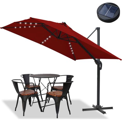 Jiubiaz Sonnenschirm Rot mit LED-Beleuchtung – Gartenschirm Ø300 cm, UV-Schutz, mit Kurbel & stabilem Mast