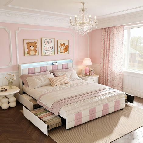 Lit adulte avec 4 tiroirs 140x190 cm, Velours Blanc-Rose, Lit double capitonné avec éclairage LED et ports USB, Sommier à lattes en bois, Style scandinave (1/5)