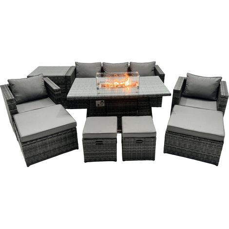Fimous Ensemble de meubles de jardin en rotin ave Table de foyer à gaz 9 places Ensemble de canapés avec Table d'appoint 4 Tabourets (1/5)