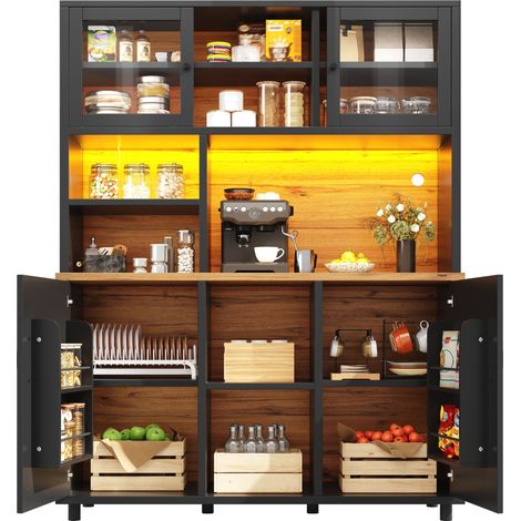 Armoire haute avec éclairage LED, commande via application, meuble de cuisine de 185 cm de haut avec portes coulissantes et étagères réglables, noir avec veinure du bois, pour cuisine et salle à mange (1/5)