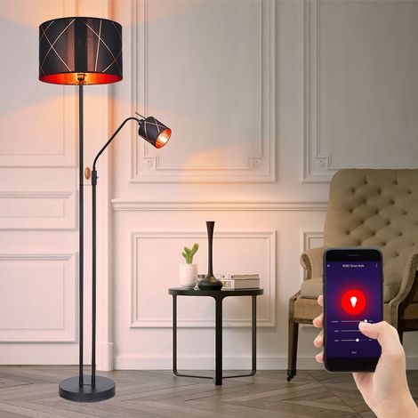 LED Stehlampe mit Leselampe Deckenfluter dimmbar, RGB Farbwechsel Smart, Metall Textil schwarz gold, Leseleuchte flexibel, 1x 8,5W 806lm 1x 5W 470lm warmweiß-kaltweiß, DxH 40x175 cm (1/5)