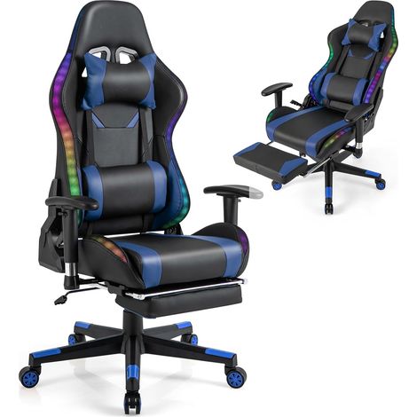 COSTWAY Sedia da Ufficio Ergonomica per Computer con Altezza Regolabile, Sedia da Gaming con Luci RGB LED, Schienale e Braccioli Regolabili, Poggiapiedi Estraibile e Supporto Lombare (Blu) (1/5)