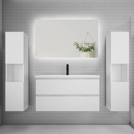 Ensemble meuble blanc et vasque L.100cm 2 tiroirs + colonne2 haut + lavabo + miroir 80x60cm-suspendu (1/5)