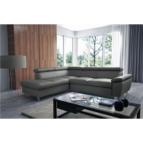 - Canapé d'angle convertible en cuir italien de luxe 5 places LUTECIA avec coffre, gris foncé, angle gauche (1/5)
