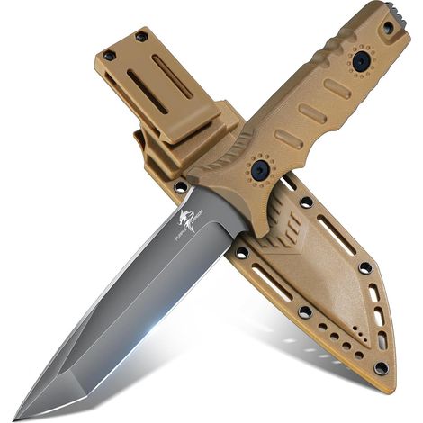 Couteau de Survie, Étui Kydex, Acier D2, Manche en G10, Kaki Lame Fixe, Acier D2 Forgé d'une Seule Pièce, Soie Pleine, Manche en G10, Étui en Kydex, Camping, Bushcraft, Plein Air, Kaki
