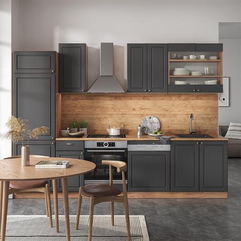 Küchenzeile Fame-Line, Anthrazit Landhaus/Goldkraft Eiche, 300 cm ohne Arbeitsplatte, Vicco (1/5)