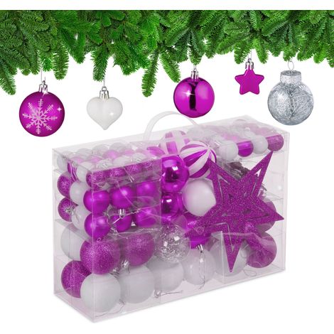 Relaxdays Palline di Natale, Set 101 Addobbi Natalizi in Plastica, Decorazioni per Albero in Vari Design, Puntale, Viola