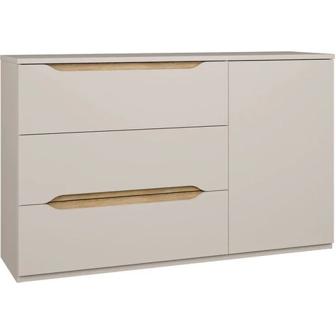 Commode L. 150 cm 3 tiroirs décor bois de chêne et sable mat - ROSALIE