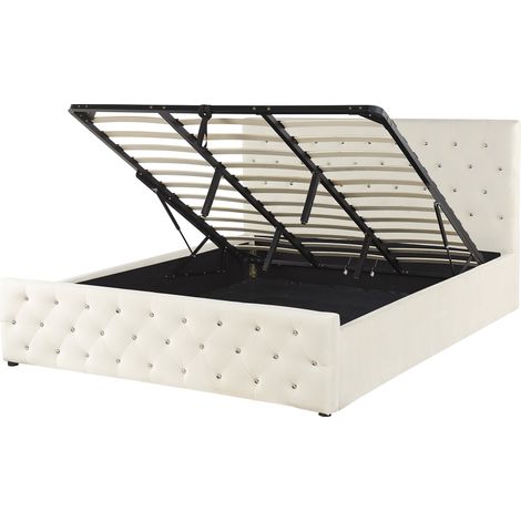 Cama doble tapizada en terciopelo beige 180 x 200 cm con almacenamiento cabecero acolchado Amiens (1/5)
