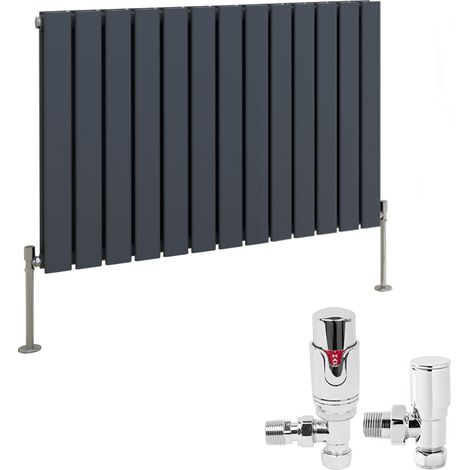 Anthracite Designer Flat Panel Radiator + Thermostatic TRV Radiator Valves Chrome Angled Horizontal 600x884mm Double