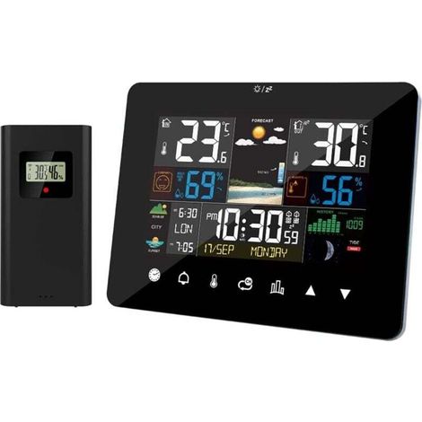Station Météo avec Intérieure Extérieure Capteur sans Fil Station Météo de lever et coucher du soleil Réveil Thermomètre Hygromètre Opération d'écran tactile avec capteur extérieur sans fil