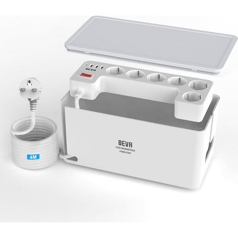 Boite Multiprise Cachée avec Cable 4M, Blanc  1050J Multiprise Parafoudre et Surtension, Boite Rangement Cable Multiprise, 6 Prise Multiple USB avec 3 USB-A+1 USB-C(15W) (1/5)