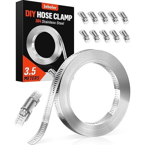 Colliers de Serrage, 3.5m DIY 304 Collier de Serrage Inox Bande Perforée en Métal Équipé de 10 Pièces Fixation, Réglable Collier Durite en Acier Inoxydable Convient Jardin Pour Piscine, Tuyaux (1/5)