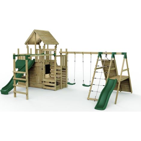 Wooden Climbing Frame with Swings, Den, Climbing Wall, Monkey Bars and 2 Slides (1/5)