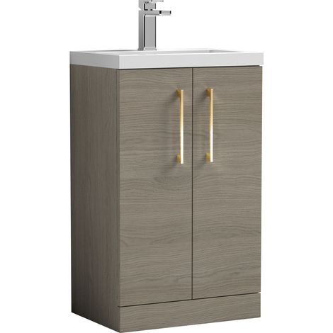 Balterley Bramshall Compact Bathroom Cloakroom Vanity Basin Unit with Ceramic Basin, Brushed Brass Handles, 500mm, Mid Oak