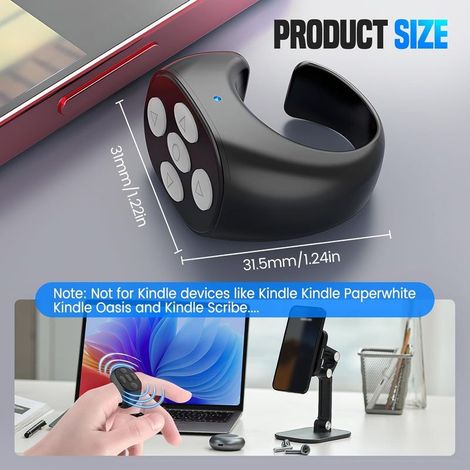 Kabellose Bluetooth-Fernbedienung mit Fingertipp-Funktion, kurzer Scrollring für Videokameras, Bluetooth-Fernbedienung mit verzögerter Seitenumblätterfunktion (Schwarz) (1/5)