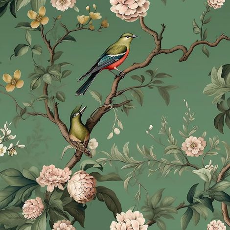 Papier Peint Fleuri Oiseau Vert Sauge Vintage Papier Peint Tropical Vert 44,5 cm × 300 cm Papiers Peints Chinoiserie Décoration Cuisine Salle de Bain Revetement Mural Chambre Amovible (1/5)
