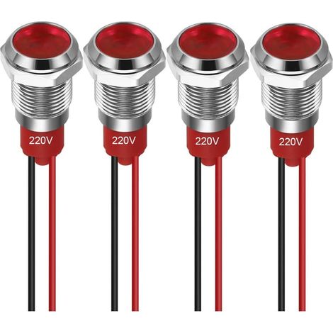 4pcs 10mm Voyant LED 220-230V Signal Lumineux étanche Panneau Métallique Voyant LED Montage sur Panneau Tête Plate avec Fils Coque Argentée (Rouge) (1/5)