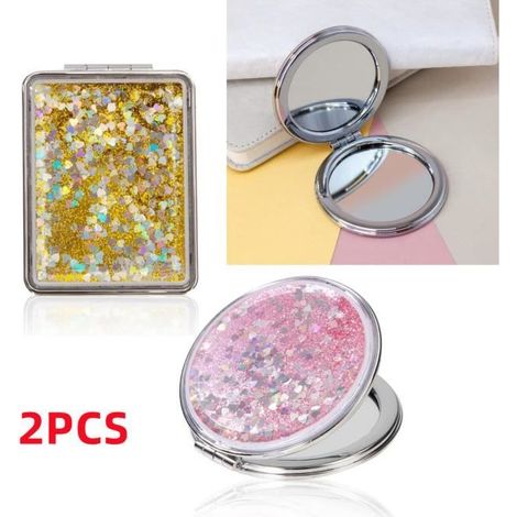 Mini miroir pliable de poche pour maquillage - Rose/Or - 2x Loupe - Léger et compact