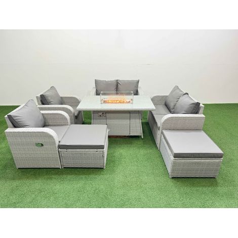 Fimous 8 Seater Outdoor Reclining Chair Love Sofa Set Rattan Garden Furniture Set with Firepit Dining Table 2 Big FootStools Light Grey (1/4)