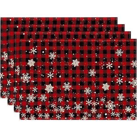 Sets de table de Noël à tartan buffle rouge et noir pour table à manger, 12 x 18 pouces, sets de table saisonniers hivernaux, flocons de neige de Noël, rustiques vintage, lavables, ensemble de 4 pour (1/4)
