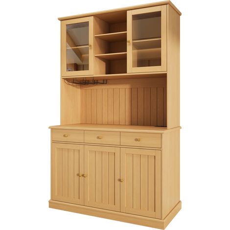Armario buffet alto 120x40x191 cm con puertas de cristal, enchufes y USB, color natural HOMVRA (1/4)