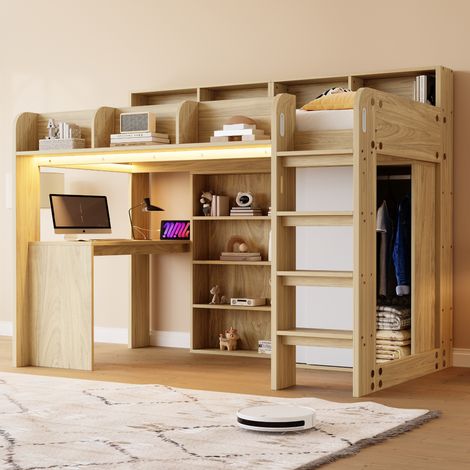 Cama alta 90x200 cm con escritorio, armario muebles de almacenaje, compartimentos de almacenaje, iluminación LED color madera(Sin colchón) (1/5)