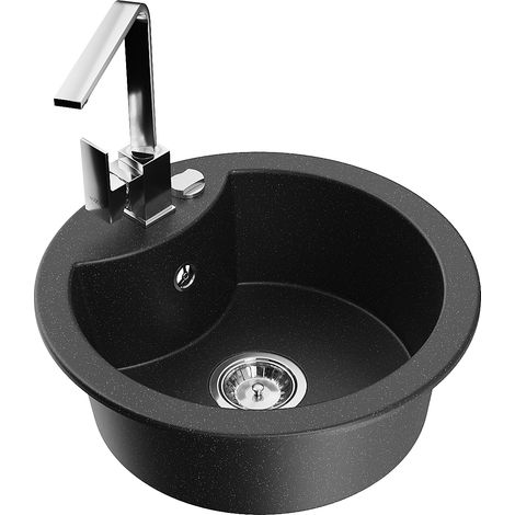 Mexen Diego 1-Becken-Granit-Spüle mit Mischbatterie Rita, Schwarz/Silbermetallic - 6512-73-670300-00
