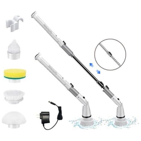 Brosse de nettoyage électrique sans fil – Cylindre puissant – Long manche pour carrelage, cuisine et salle de bains – Têtes interchangeables