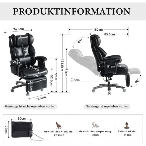 Fauteuil de bureau ergonomique 002-XXL massage chauffant cuir PU pivotant dossier réglable repose-pieds 150 kg noir