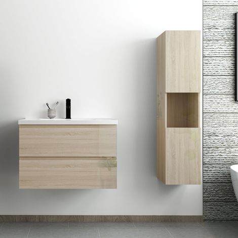 Ocean ensemble meuble salle de bain 80 cm Chêne Wotan brillant avec 2 tiroirs à fermeture automatique, lavabo céramique simple + colonne haute, suspendu