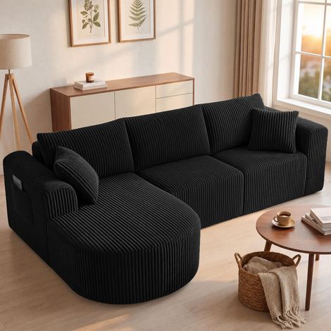 Canapé d'angle modulable 263 cm velours côtelé, convertible en lit, méridienne, coussins, poches, sans montage - Noir (1/5)