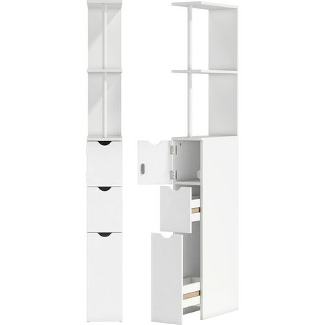 Colonne de rangement salle de bain, armoire avec tiroirs et étagères ouvertes, meuble étroit blanc 15x33x136,8 cm (1/5)