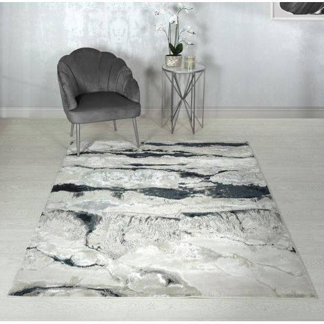 Marbled Rug for Living Room Bedroom Lounge Aurora AU05 Quartz Quality Modern Abstract Soft Silky Shiny Silver Black Rug in Medium 120x170 cm (4'x5'6")