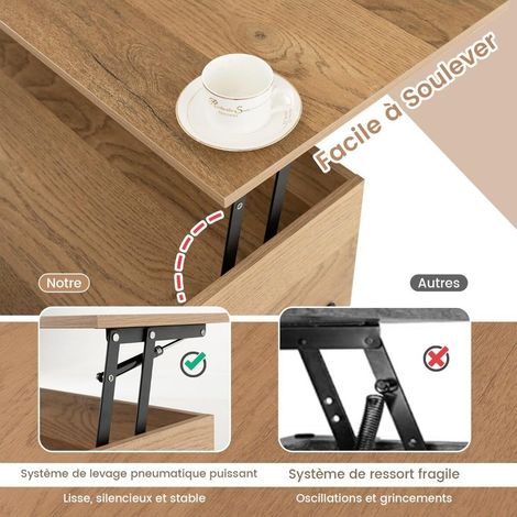 Gain de Place et Rangement Table Basse Relevable Plateau 45 à 60 cm 3 Niches Ouvertes et Coffre pour Salon Moderne Naturel (1/5)