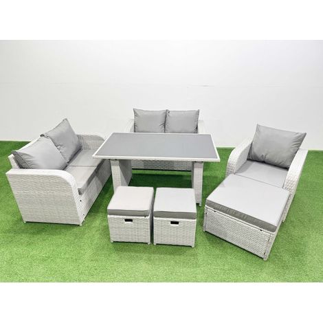 Fimous Rattan Sofa Outdoor Furniture with Dining Table,Love Sofa,3 Stools Patio Furniture Light Grey 8 Seater (1/3)