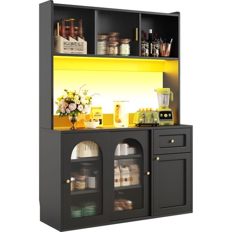 Buffet de cuisine noir 120 cm avec portes en verre et éclairage LED contrôlable par application (1/5)