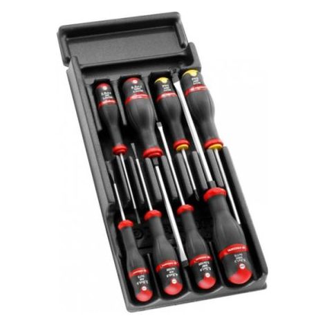 Facom – Jeu de tournevis plat Phillips 8 pièces – Tête fendue pour vis à tête fraisée – Longueur 100mm – Largeur 6mm – Pour bois dur