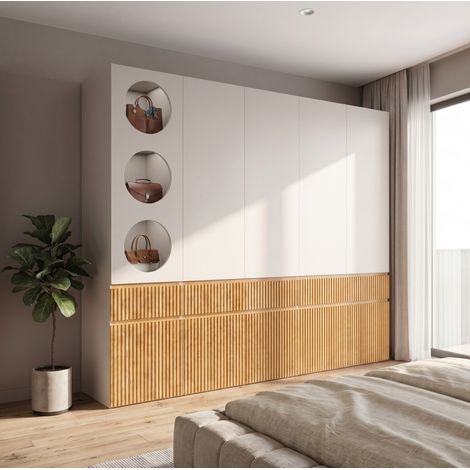 MODFU – Armadio 225x50x200 cm in MDF/truciolato con 10 ante, 3 cassetti, 2 appendiabiti e carico 30/20 kg – Rovere chiaro/grigio (1/5)