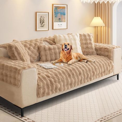 Thick Plush Rabbit Sofa Cover 1/2/3/4 Seater L-Shaped, 2023 New Universal Non-Slip Faux Fur Sofa Cover for Living Room (Khaki, Seat Cover 45 x 45 cm) (1/5)