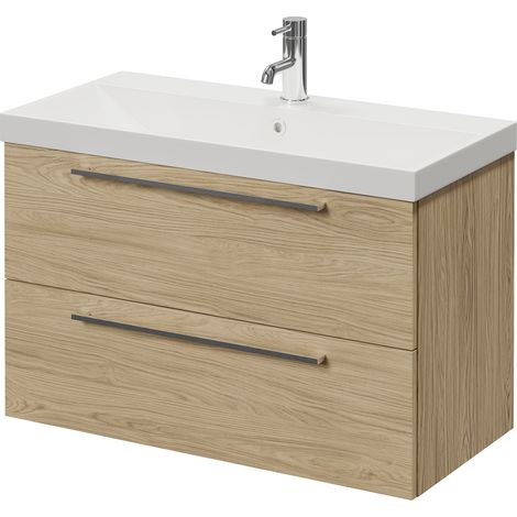 Napoli 390 Light Oak 800mm Wall Mounted 2 Drawer Vanity Unit with Rimini Basin - 800mm - Chrome 480mm Handle