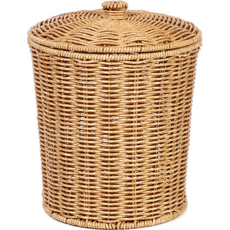 1 Panier à ordures en osier, couvercle inclus, rangement durable, corbeille tissée ronde, pour salon chambre (1/5)