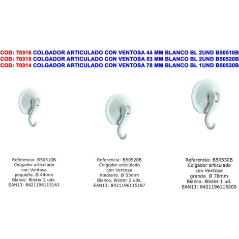 Colgador articulado con ventosa 53mm blanco 2 unidades BRINOX