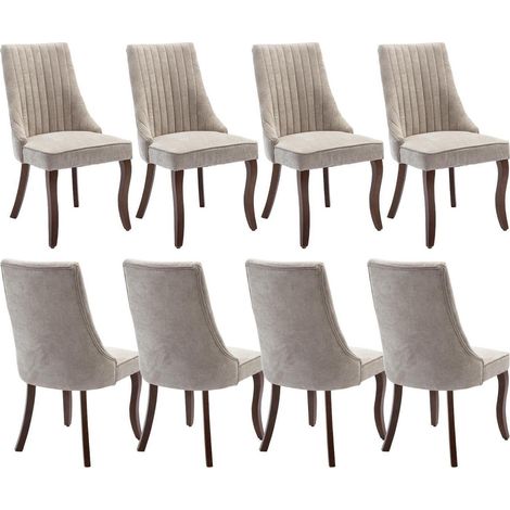 Esszimmerstühle 8er Set, Polsterstühle Stoff mit Channel-Steppung, Massivholzbeine, Beige (1/5)