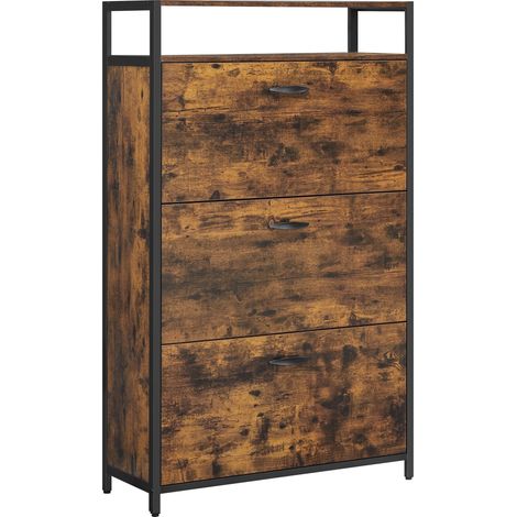 Vasagle – Meuble à chaussures 3 abattants – Compartiments ouverts avec séparateurs réglables – Marron rustique et noir – Dimensions 80 x 30 x 130 cm