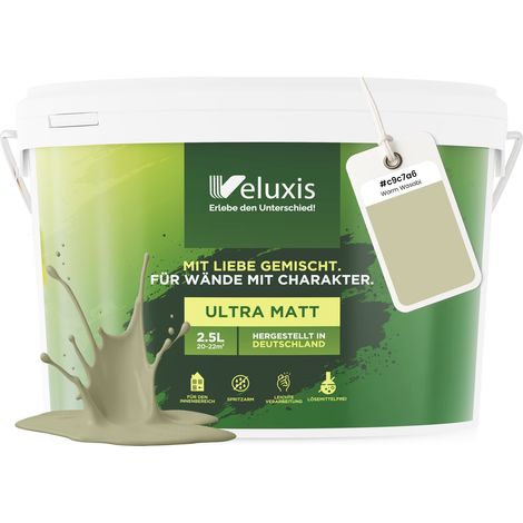 Wandfarbe Grün Beige Hellgrau Matt Innenfarbe – Deckkraft Klasse 1, VOC-frei, Ohne Grundierung, Tropfarm – Wohnzimmer & Schlafzimmer – 2,5L – Veluxis (Warm Wasabi