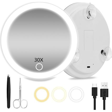 x 30-fach vergrößernder Spiegel, wiederaufladbar, 3-farbige LED, tragbar, 15 cm für Reisen und präzises Betrachten (1/5)