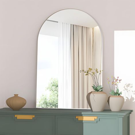 1 Miroir mural arqué, Cadre en métal, Verre flotté HD, Pour salle de bain, Salon
