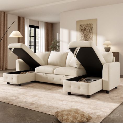Divano angolare trasformabile a forma di U 260x128x82 cm in ciniglia con vano contenitore, USB e Type-C - beige (1/5)